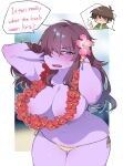  absurd_res accessory anthro bent_over big_breasts bikini bikini_bottom blush bodily_fluids breasts brown_hair clothed clothing deltarune dialogue female flower flower_in_hair freckles front_view hair hair_accessory hair_over_eyes hi_res human kris_(deltarune) lei mammal plant purple_body purple_scales reptile scales scalie short_tail solo solo_focus sskomu_(artist) susie_(deltarune) sweat sweatdrop swimwear tail topless undertale_(series) 