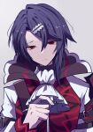  1boy alcryst_(fire_emblem) ascot asymmetrical_hair blue_hair closed_mouth fire_emblem fire_emblem_engage furrowed_brow hair_between_eyes hair_ornament hairclip high_collar highres looking_at_viewer male_focus motiumai red_eyes solo upper_body white_ascot 