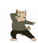  3_toes anthro barefoot bottomwear clothing confident domestic_cat enigi09 eyes_closed feet felid feline felis kainushi-san long_sleeves male mammal overweight overweight_male pants pose shirt simple_background smug solo toes topwear whiskers white_background 