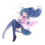  1girl blue_eyes blue_hair blue_thighhighs bow brown_footwear character_name danganronpa:_trigger_happy_havoc danganronpa_(series) impaled knife kurosuke_(hipparu) long_hair maizono_sayaka open_mouth petals pink_bow plaid plaid_skirt school_uniform skirt solo spoilers thighhighs white_background 