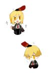  1boy 1girl 1other aislan black_coat black_gloves blonde_hair chibi coat collared_shirt dante_(limbus_company) don_quixote_(limbus_company) gloves highres limbus_company long_sleeves necktie open_mouth out_of_frame petting project_moon red_coat red_necktie shirt sidelocks simple_background sinclair_(limbus_company) smile white_background white_shirt yellow_eyes 