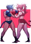  2girls amazu_(kurozu) aoi_(amazu) bare_shoulders blue_gloves blue_hair blue_shirt boxing_gloves dark-skinned_female dark_skin gloves highres kickboxing mari_(amazu) multiple_girls original red_gloves red_hair red_shirt shirt toeless_legwear 