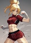  1girl abs alternate_costume angry armpits bandaged_arm bandages belly biceps blonde_hair breasts clenched_hand clenched_hands closed_mouth collarbone cowboy_shot crop_top curvy exercise eyelashes fate/apocrypha fate/grand_order fate_(series) green_eyes gym_shirt gym_uniform hair_ornament hair_scrunchie highres medium_breasts midriff mordred_(fate) mordred_(fate/apocrypha) multicolored_clothes muscular muscular_female narrow_waist navel parted_bangs ponytail punching red_scrunchie scrunchie shirt short_hair short_shorts shorts sidelocks simple_background solo sports_bra sportswear standing stomach sweat thick_thighs thighs toned twitter_username uniform wide_hips xkzan 