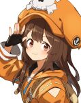  1girl anchor_symbol belt_buckle black_gloves blush brown_eyes brown_hair buckle cabbie_hat closed_mouth fingerless_gloves gazacy_(dai) gloves guilty_gear guilty_gear_strive hand_up hat highres long_hair long_sleeves looking_at_viewer may_(guilty_gear) orange_headwear orange_sweater simple_background skull_and_crossbones smile solo sweater white_background 