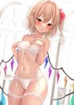  1girl :o bare_shoulders blonde_hair blush bow bra breasts collarbone commentary flandre_scarlet garter_belt hair_ornament hair_ribbon highres lace lace-trimmed_bra lace-trimmed_legwear lace-trimmed_panties lace_trim lingerie looking_at_viewer navel panties red_eyes reijing_etrn ribbon short_hair side_ponytail small_breasts solo thighhighs touhou underwear underwear_only white_bra wings 