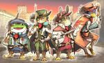  absurd_res amphibian anthro avian belt bird blue_eyes blush boots canid canine cape castle clothing english_text falco_lombardi feathers footwear fox fox_mccloud frog gloves grass green_eyes group gun handwear hat headgear headwear hi_res holster jacket katamichi lagomorph leporid male mammal melee_weapon musketeer nintendo peppy_hare plant rabbit ranged_weapon rapier red_eyes rifle sky slippy_toad smile star_fox sunset sword text toad_(frog) topwear visor weapon whiskers 