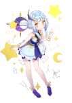  bare_legs blue_dress blue_footwear blue_hair blush cloak_removed constellation crescent dress english_commentary eversoul frilled_skirt frills hair_ornament highres looking_at_viewer pointing pointing_up pointy_ears short_hair skirt sleeveless star_(symbol) tagme talia_(eversoul) white_background yaminava yellow_eyes 