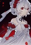  1girl absurdres bare_shoulders black_background black_ribbon commentary_request detached_sleeves dress flower gradient_background hair_between_eyes hair_flower hair_ornament haruka_(rsyaooooo) highres honkai_(series) honkai_impact_3rd long_sleeves looking_at_viewer parted_lips petals red_background red_eyes red_flower red_rose ribbon rose solo theresa_apocalypse theresa_apocalypse_(luna_kindred) white_dress white_hair white_sleeves 