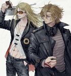  2boys abs black_coat black_nails blonde_hair coat command_spell daybit_sem_void fate/grand_order fate_(series) gun highres holding holding_gun holding_weapon jewelry long_hair looking_to_the_side midriff mike2010 multiple_boys nail_polish necklace necktie purple_eyes sunglasses tezcatlipoca_(fate) tinted_eyewear upper_body weapon 