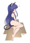  1girl animal_ears aomoro artist_name ass bare_legs barefoot blue_hair blue_one-piece_swimsuit blunt_ends blush breasts cat_ears cat_tail collarbone commentary feet full_body furude_rika highres higurashi_no_naku_koro_ni legs long_hair looking_at_viewer lying on_side one-piece_swimsuit purple_eyes school_swimsuit small_breasts soles solo swimsuit symbol-only_commentary tail thighs toenails toes very_long_hair white_background wooden_floor 
