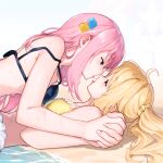  2girls after_kiss ahoge ai-assisted bare_arms bare_shoulders beach bikini black_bikini blonde_hair blue_eyes blush bocchi_the_rock! breast_press breasts commentary cube_hair_ornament fingernails frilled_bikini frills from_side girl_on_top gotou_hitori hair_between_eyes hair_ornament half-closed_eyes half_updo highres holding_hands ijichi_nijika interlocked_fingers kadohusa_ginpo kiss large_breasts lips long_hair looking_at_another lying multiple_girls nose ocean off_shoulder on_back one_side_up outdoors pink_hair saliva saliva_trail shiny_skin side_ponytail sidelocks simple_background small_breasts swimsuit symmetrical_docking tongue tongue_out very_long_hair wet wet_hair white_background yellow_bikini yellow_eyes yuri 