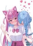  2girls @_@ ahoge animal_ear_fluff animal_ears black_bow blue_hair blush bow bowtie braid breasts cat_ears cat_girl cat_hair_ornament closed_eyes closed_mouth collarbone collared_shirt colored_inner_hair commentary dress frilled_sleeves frills grabbing grabbing_from_behind hair_between_eyes hair_bow hair_bun hair_ornament hair_ribbon hairclip hand_on_another&#039;s_arm heart highres holding_another&#039;s_wrist hololive hoshimachi_suisei hoshimachi_suisei_(school_uniform) large_breasts light_blue_hair long_hair looking_at_viewer minato_aqua minato_aqua_(school_uniform) multicolored_hair multiple_girls official_alternate_costume pink_bow pink_bowtie pink_eyes pink_hair pink_skirt plaid plaid_bow plaid_bowtie plaid_skirt pleated_skirt purple_eyes ribbon school_uniform shirt shirt_tucked_in short_sleeves simple_background single_side_bun skirt streaked_hair striped striped_ribbon sweat sweatdrop tobidasu00 two-tone_hair virtual_youtuber white_background white_dress white_ribbon white_shirt white_skirt x_hair_ornament yuri 