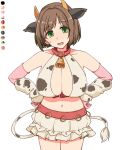  1girl alternate_breast_size animal_ears animal_print bare_shoulders bell breast_expansion breasts brown_hair cleavage collar collarbone color_guide cosplay cow_ears cow_girl cow_horns cow_print cow_tail cowbell fake_animal_ears fake_horns gloves green_eyes horns idolmaster idolmaster_cinderella_girls large_breasts limited_palette maekawa_miku navel neck_bell oikawa_shizuku oikawa_shizuku_(cosplay) pink_gloves short_hair solo sweatdrop tail toriga_naku 