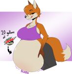  anthro baja_blast belly beverage big_belly bottomwear breasts canid canine clothing fox fur gynomorph hi_res inflation intersex licking licking_lips mammal mountain_dew nyanilla orange_body orange_fur pants rumbling_stomach scarlett_fox_(daedric36) shirt simple_background slosh sloshing_belly smug solo tail tan_body tan_fur tank_top tongue tongue_out topwear 