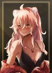  1girl animal_ear_fluff animal_ears arknights barcode barcode_tattoo bare_shoulders blush breasts collarbone english_commentary gravel_(arknights) hair_between_eyes highres jacket jewelry locket long_hair looking_at_viewer open_clothes parted_lips pendant pink_hair prairie_dog_ears prairie_dog_girl shoulder_tattoo smile solo tattoo teeth tienn upper_teeth_only yellow_eyes 