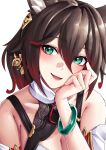 1girl :d absurdres animal_ears bare_shoulders bracelet breasts brown_hair cleavage commentary_request fox_ears green_eyes hair_between_eyes hand_up highres honkai:_star_rail honkai_(series) jewelry looking_at_viewer open_mouth pyeong-il_pyeongil short_hair simple_background smile solo tingyun_(honkai:_star_rail) upper_body white_background 