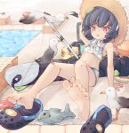  1girl bare_arms bare_legs barefoot bird blue_archive chaosexceed crocs feet fish fishing_rod foot_focus frown full_body hat highres miyu_(blue_archive) miyu_(swimsuit)_(blue_archive) navel no_shoes no_socks open_mouth purple_hair red_eyes seagull soles straw_hat swimsuit toes 