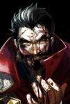 1boy beard blood blood_on_face cape facial_hair graves_(league_of_legends) hair_slicked_back hand_up injury karipaku league_of_legends looking_at_viewer male_focus mature_male mustache red_cape short_hair solo thick_eyebrows upper_body wrinkled_skin 