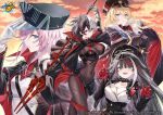  4girls azur_lane bismarck_(azur_lane) black_hair blonde_hair blue_eyes bodystocking breasts bruenhilde_(azur_lane) buttons cape cloud cloudy_sky commentary_request company_connection company_name covered_navel deutschland_(azur_lane) gloves gradient_sky hair_ornament hand_up hands_up hat holding holding_weapon large_breasts logo long_hair looking_at_viewer multicolored_hair multiple_girls official_art outdoors parted_lips peaked_cap pink_hair polearm red_eyes red_hair seydlitz_(azur_lane) short_hair simple_background skin_tight sky spear sunset teeth uniform weapon white_hair yuya_(night_lily) 
