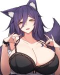  1girl absurdres animal_ear_fluff animal_ears bell black_bra bra bracelet breasts cleavage collarbone commission fox_ears fox_girl fox_tail hair_between_eyes highres jewelry jingle_bell large_breasts long_hair looking_at_viewer open_mouth original pixiv_commission purple_hair rikuguma simple_background smile solo tail underwear upper_body white_background 