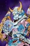  1girl arcee artist_name earth_(planet) english_commentary fangs fangs_out fusion hand_on_own_hip holding_planet horns looking_down makoto_ono mecha mechanical_wings planet red_eyes robot smile space transformers unicron wings 
