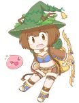  &gt;_&lt; 1girl :d backpack bag blue_footwear blue_shirt blush bow_(weapon) breasts brown_eyes brown_gloves brown_hair brown_jacket brown_shorts brown_socks chibi commentary_request crop_top fang full_body fur-trimmed_footwear fur-trimmed_shorts fur_trim gloves green_headwear hat hat_branch holding holding_bow_(weapon) holding_weapon jacket looking_at_viewer medium_bangs midriff oekakomi open_mouth poring ragnarok_online shirt short_hair shorts shrug_(clothing) simple_background slime_(creature) small_breasts smile socks solo v-shaped_eyebrows weapon white_background wind_hawk_(ragnarok_online) witch_hat yellow_bag 