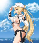  1girl absurdres artoria_caster_(fate) artoria_caster_(swimsuit)_(fate) artoria_pendragon_(fate) baseball_cap bikini blue_sky breasts das_(dan_dan) fate/grand_order fate_(series) green_eyes hat highres long_hair long_sleeves looking_at_viewer open_mouth sky smile solo sunlight swimsuit twintails 