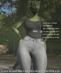  absurd_res anthro argonian bethesda_softworks bottomwear breasts clothing coolmaster98 deeja denim denim_clothing female hi_res horn jeans pants scales scalie shirt solo tail tank_top the_elder_scrolls thick_thighs topwear 