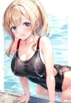  1girl :d alice_gear_aegis black_one-piece_swimsuit blonde_hair blue_eyes blush breasts cleavage collarbone covered_navel dot_nose hair_between_eyes highres kakerayuri large_breasts long_hair one-piece_swimsuit open_mouth ponytail pool rita_henschel sidelocks signature smile solo swimsuit wet 