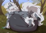  2022 arcanine bow_(bowhuskers) detailed_background feral feral_pred fluffy fluffy_tail foot_on_stomach forest forest_background generation_1_pokemon green_eyes huge_belly male mane nature nature_background nintendo pawpads plant pokemon pokemon_(species) riolutiny shaded solo tail tree vore 