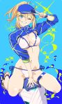  1girl ahoge artoria_pendragon_(fate) baseball_cap bikini blonde_hair blue_eyes blue_nails blurry blurry_background breasts fate/grand_order fate_(series) hat henken mysterious_heroine_xx_(fate) navel one_eye_closed ponytail sandals shrug_(clothing) side-tie_bikini_bottom swimsuit thigh_strap twinmyniad_(fate) v white_bikini wristband 