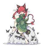  1girl :3 animal_ears barefoot black_ribbon bow braid cat_ears commentary dress extra_ears full_body green_dress hair_bow highres kaenbyou_rin leg_ribbon looking_at_viewer medium_hair nekomata pointy_ears primsla red_bow red_eyes red_hair ribbon simple_background sitting solo tongue tongue_out touhou twin_braids white_background 