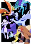  absurdres bird black_background black_eyes border closed_mouth commentary_request entei fangs frown gogot highres ho-oh lugia mewtwo no_humans open_mouth pokemon pokemon_(creature) purple_eyes raikou red_eyes suicune talons tongue white_border 