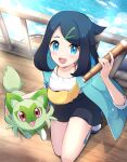  1girl :d absurdres aqua_eyes black_hair black_shorts coat commentary_request day from_above green_coat hair_ornament hairclip hand_up haru_(haruxxe) highres holding liko_(pokemon) looking_up open_clothes open_coat open_mouth outdoors pokemon pokemon_(anime) pokemon_(creature) pokemon_horizons shirt shoes shorts smile socks sprigatito spyglass squatting tongue white_shirt yellow_bag 