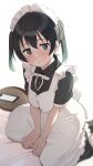  1girl absurdres alternate_costume apron black_dress black_hair blush breasts cellphone collared_dress dress enmaided frilled_apron frills gradient_hair green_eyes green_hair hair_between_eyes highres looking_at_viewer love_live! love_live!_nijigasaki_high_school_idol_club maid maid_apron maid_headdress multicolored_hair open_mouth phone ribbon short_sleeves sidelocks simple_background sitting small_breasts smartphone solo takasaki_yuu tata_(tataice) twintails two-tone_hair white_apron white_background white_ribbon 