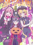  3girls bird black_dress black_headwear blonde_hair blue_eyes blue_hair blue_shirt coat cross cuffs dark_blue_hair dress halloween hanazono_hakari handcuffs hat highres holding holding_cross holding_handcuffs inda_karane jack-o&#039;-lantern kimi_no_koto_ga_dai_dai_dai_dai_daisuki_na_100-nin_no_kanojo long_hair multiple_girls nun orange_eyes paint parrot pencil_skirt pink_hair pirate_hat police police_badge police_hat police_uniform policewoman red_coat scar scar_on_face shirt skirt skull_and_crossbones uniform yano_akane yoshimoto_shizuka 