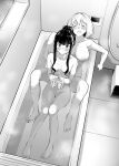  2girls absurdres bathroom bathtub black_hair blonde_hair blush breasts closed_eyes completely_nude from_above greyscale hair_bun highres inoue_takina kitaku_jikan_(ktk_jkn) leaning_back lycoris_recoil monochrome multiple_girls nishikigi_chisato nude open_mouth partially_submerged sidelocks sitting small_breasts water wet 