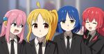  4girls :d ^_^ ahoge blonde_hair blue_eyes blue_hair blurry blurry_background bocchi_the_rock! cellphone chainsaw_man closed_eyes cube_hair_ornament formal gotou_hitori hair_ornament ijichi_nijika kick_back_(song) kita_ikuyo long_hair medium_hair mole mole_under_eye multiple_girls orange_eyes parody phone pink_hair pull_cord red_hair season_connection side_ponytail smartphone smile suit tenten_(chan4545) tongue tongue_out yamada_ryou yellow_eyes 