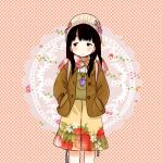  1girl anneko_anko black_eyes black_hair blush bow brown_jacket food_print hands_in_pockets hat hat_bow hat_ornament jacket jewelry medium_hair necklace original print_scarf scarf solo standing strawberry_print 