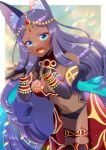  1girl :d animal_ear_fluff animal_ears bare_shoulders black_gloves blue_eyes blush breasts cleavage commentary_request commission dark-skinned_female dark_skin elbow_gloves fang fate/grand_order fate_(series) gloves hands_up kou_hiyoyo large_breasts long_hair looking_at_viewer navel parted_bangs partially_fingerless_gloves queen_of_sheba_(fate) skeb_commission smile solo very_long_hair 