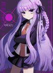  1girl absurdres artist_name black_gloves black_ribbon black_skirt blunt_bangs braid brown_necktie cowboy_shot crossed_arms danganronpa:_trigger_happy_havoc danganronpa_(series) gloves hair_ribbon highres kirigiri_kyoko long_hair long_sleeves miniskirt necktie partially_translated pink_eyes pleated_skirt purple_hair rain_candy_556 ribbon side_braid skirt solo translation_request very_long_hair 