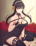  1girl black_dress black_gloves black_hair black_thighhighs breasts cleavage commentary_request covered_navel dagger dress earrings fingerless_gloves floating_hair flower gloves gold_hairband hair_flower hair_ornament hairband highres holding holding_dagger holding_knife holding_weapon jewelry knife large_breasts long_hair looking_at_viewer necklace petals red_eyes red_flower red_rose rose rose_petals sidelocks sitting solo spikes spy_x_family taut_clothes taut_dress thighhighs truejekart weapon yor_briar 