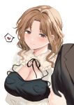  1boy 1girl absurdres arm_hug arm_under_breasts blush breasts cleavage collar frilled_collar frills heart hetero highres ichikawa_hinana idolmaster idolmaster_shiny_colors kakeru_(fujiwara_kakeru) large_breasts light_brown_hair light_smile looking_at_another neck_ribbon parted_bangs producer_(idolmaster) ribbon shrug_(clothing) simple_background spoken_heart upper_body wavy_hair white_background 