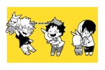  aged_down all_might bakugou_katsuki blush boku_no_hero_academia border character_doll chibi child closed_eyes commentary_request doll freckles greyscale_with_colored_background happy holding holding_doll koo1088 male_child male_focus midoriya_izuku monochrome multicolored_hair open_mouth pants shirt short_hair short_sleeves simple_background smile spiked_hair split-color_hair standing white_border yellow_background 