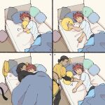  2boys abdonis bed blue_eyes commentary_request dark-skinned_male dark_skin male_focus multiple_boys muscular muscular_male red_hair ring_fit_adventure ring_fit_trainee ring_fit_trainee_(male) sleeping yaoi 