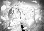  2girls absurdres aged_down aged_up arms_at_sides blurry braid capelet child choker coat day depth_of_field dress elf field flamme_(sousou_no_frieren) flower flower_field frieren greyscale hair_over_one_eye highres long_hair long_sleeves looking_ahead magic monochrome multiple_girls nature ninlersh old old_woman outdoors outstretched_arm parted_hair petals pointy_ears sash short_sleeves single_braid smile sousou_no_frieren standing 