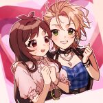  2girls antenna_hair belt_buckle blush bracelet breasts brown_hair buckle center_frills cleavage collarbone cropped_torso finger_heart forehead frills green_eyes highres idolmaster idolmaster_cinderella_girls jewelry kimura_natsuki looking_at_viewer looking_down maico_(manya0321) medium_breasts multiple_girls nervous_smile own_hands_together pink_shirt plaid plaid_shirt puffy_short_sleeves puffy_sleeves red_eyes shirt short_sleeves smile tsujino_akari upper_body 