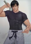  1boy :d arm_up artist_name bara black_hair black_shirt commentary_request compression_shirt contrapposto covered_abs covered_collarbone covered_navel covered_pectorals cowboy_shot fushiguro_touji grey_pants grin highres holding holding_sword holding_weapon jujutsu_kaisen looking_at_viewer male_focus muscular muscular_male open_hand pants reaching reaching_towards_viewer sanpaku scar scar_on_face scar_on_mouth shirt short_hair short_sleeves signature smile solo standing sword sword_behind_back taut_clothes taut_shirt twitter_username uhai variant_set weapon 