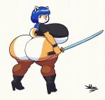  anthro big_breasts big_butt blue_hair boots breasts butt canid canine canis clothing domestic_dog female footwear hair half-closed_eyes hi_res high_heeled_boots high_heels holding_katana holding_object holding_sword holding_weapon huge_breasts huge_butt katana legwear looking_at_viewer looking_back mammal melee_weapon multicolored_body narrowed_eyes red_eyes shiba_inu shirt solo spitz sword tansau thigh_highs thong topwear two_tone_body under_boob underwear weapon 