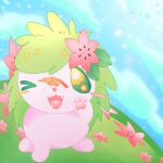  blush blush_stickers cloud cloudy_sky colored_skin day fangs field flower flower-shaped_pupils flower_field hair_flower hair_ornament nose_blush on_grass paw_print pink_flower pink_skin poffinpuff pokemon pokemon_(creature) shaymin shaymin_(land) sky sparkle_background symbol-shaped_pupils 